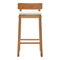 Natural wood barstool with a cream cushion and rattan accent, featuring a minimalist design and sleek lines.