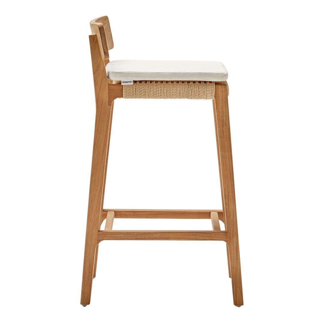Oak bar stool with a natural wood finish and a white cushion, featuring a woven pattern on the seat sides.