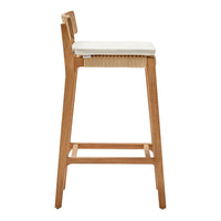 Oak bar stool with a natural wood finish and a white cushion, featuring a woven pattern on the seat sides.