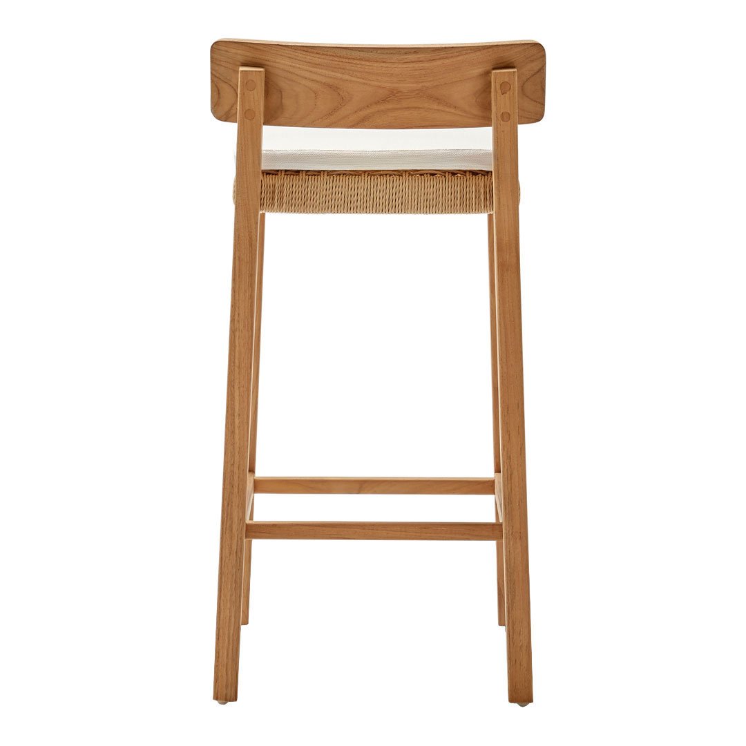 Natural wood barstool with a woven seat and simple, minimalist design. Neutral tones enhance any decor.