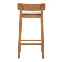 Natural wood barstool with a woven seat and simple, minimalist design. Neutral tones enhance any decor.