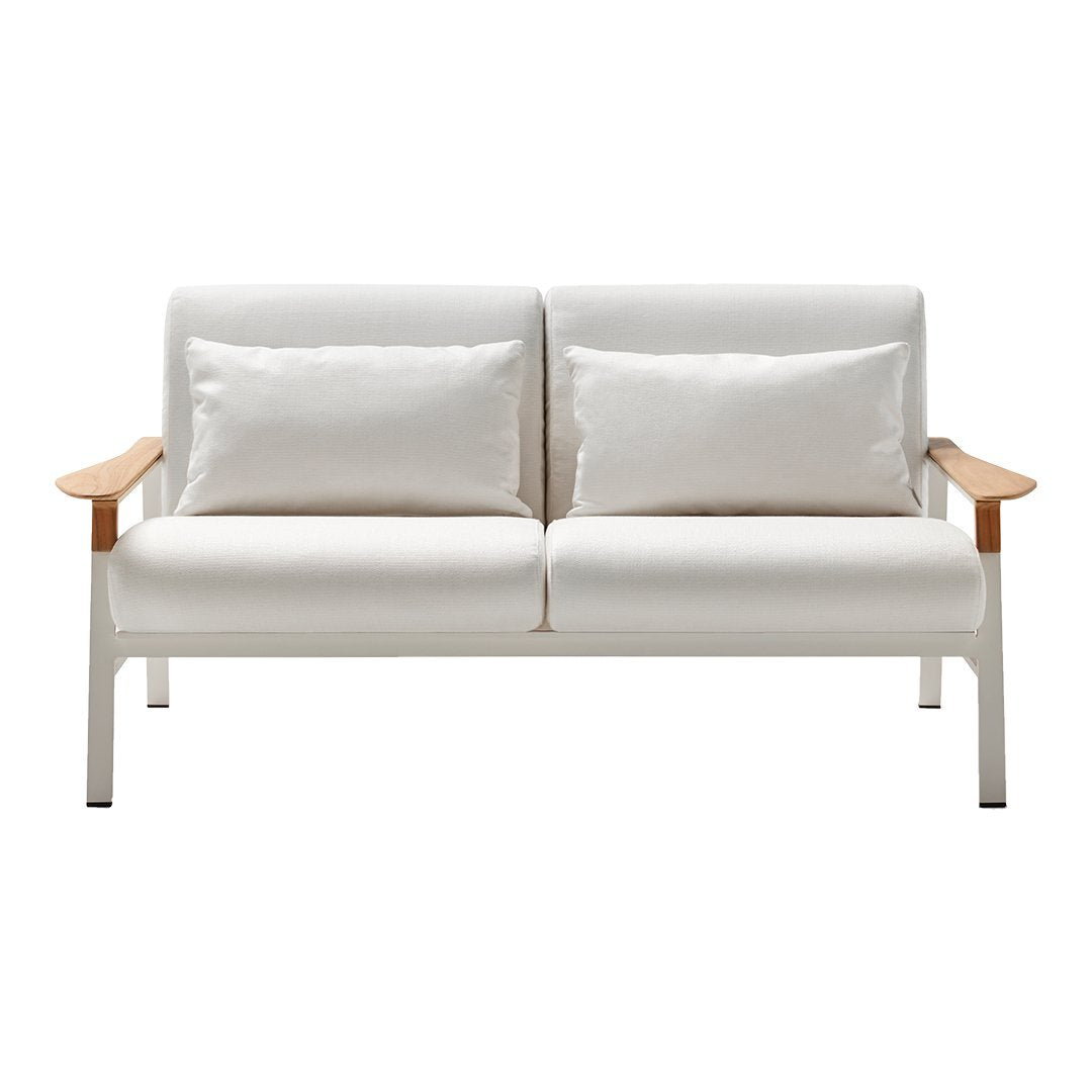 White modern loveseat with smooth fabric cushions and wooden armrests, featuring a minimalist design.