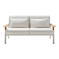 White modern loveseat with smooth fabric cushions and wooden armrests, featuring a minimalist design.