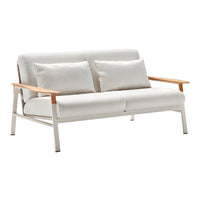 Light gray fabric sofa with wooden armrests and two plush cushions, modern design, minimalistic and stylish look.