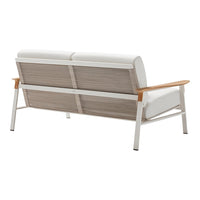 Modern white sofa with beige mesh back and wooden armrests, showcasing a minimalist design and sleek colors.