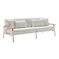 White fabric sofa with soft cushions, featuring a light wood frame and minimalist design, suitable for modern decor.