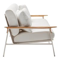 Neutral beige fabric with smooth texture, complemented by light wood armrests and minimalist white metal frame.