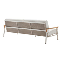 White cushions with a textured gray backrest and natural wood armrests, featuring a modern, minimalist design.