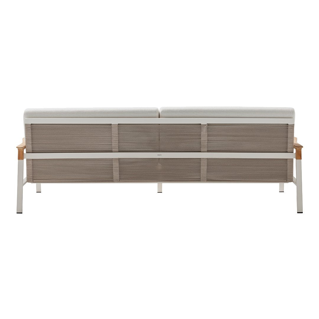 Gray mesh sofa with wooden arms, featuring a sleek, modern design. Ideal for outdoor or contemporary spaces.
