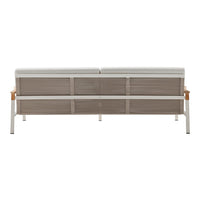 Gray mesh sofa with wooden arms, featuring a sleek, modern design. Ideal for outdoor or contemporary spaces.