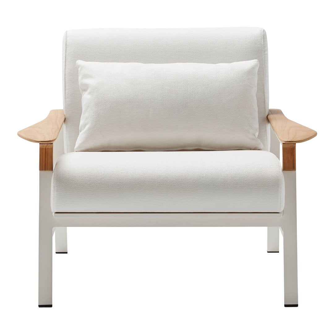 White armchair with natural wood accents and a matching cushion, featuring a minimalist design and clean lines.