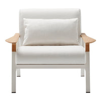 White armchair with natural wood accents and a matching cushion, featuring a minimalist design and clean lines.