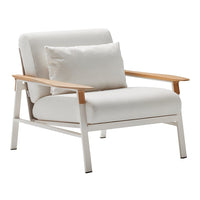 White armchair with a smooth fabric seat and backrest, featuring natural wood armrests and minimalist design.