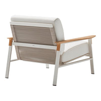 White and beige lounge chair with wooden armrests and sleek lines, featuring a textured fabric pattern.