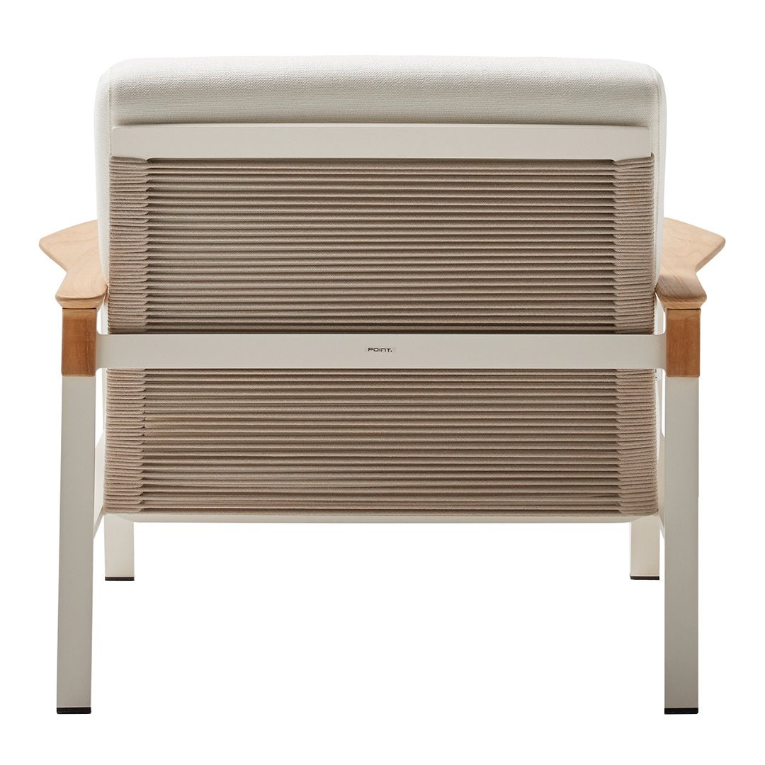 Beige and white striped back chair with wooden armrests, featuring a clean, modern design.