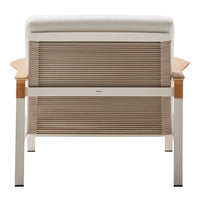 Beige and white striped back chair with wooden armrests, featuring a clean, modern design.