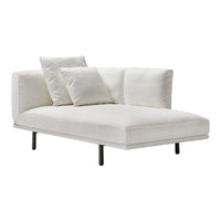 Elegant white chaise lounge with smooth fabric and simple, modern lines, complemented by three plush pillows.