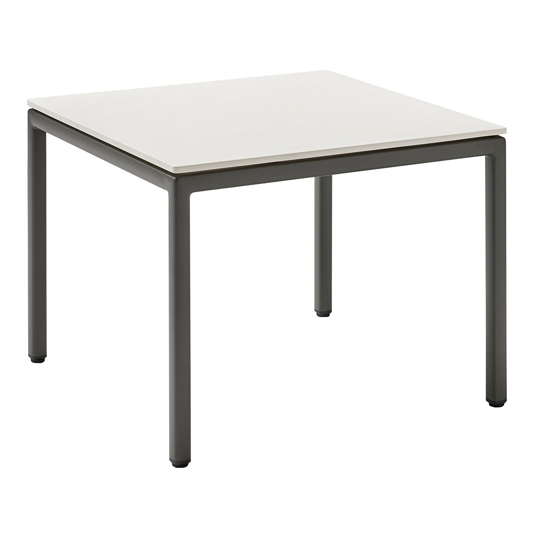 Square table with a sleek white top and dark gray metal legs, featuring a minimalist design.