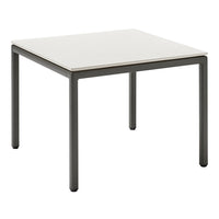Square table with a sleek white top and dark gray metal legs, featuring a minimalist design.