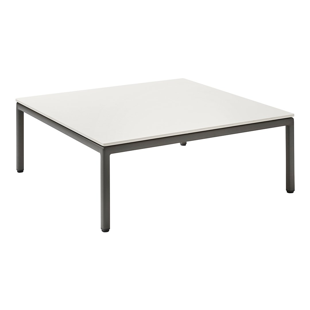 Square coffee table with a sleek white top and minimalist dark metal legs, featuring a clean, modern design.