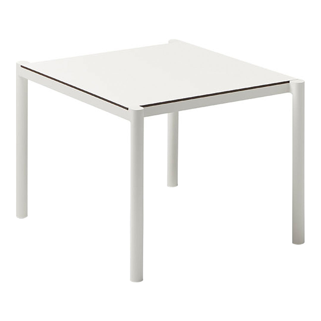 White square table with a sleek minimalist design and contrasting dark wood trim along the edges. Perfect for modern decor.