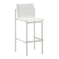 White bar stool with a sleek minimalist design and smooth fabric seat. Modern and versatile for any decor.