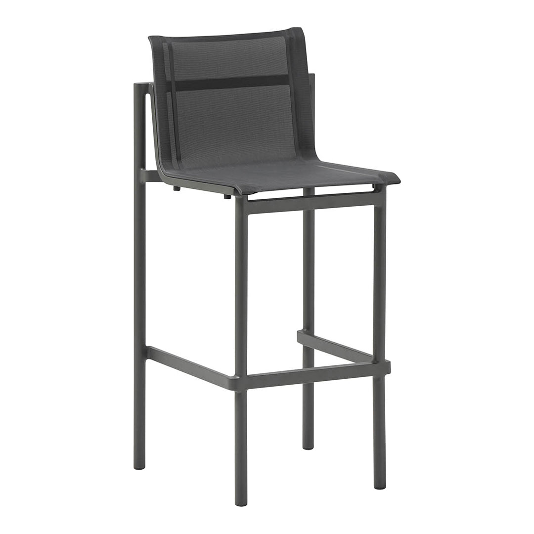 "Gray bar stool with a sleek design and textured seat, complementing modern decor."