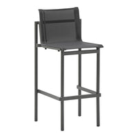 "Gray bar stool with a sleek design and textured seat, complementing modern decor."