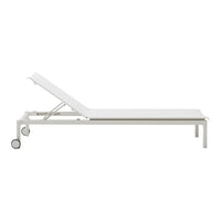 White adjustable lounge chair with a sleek, minimalist design and smooth surface, perfect for outdoor settings.