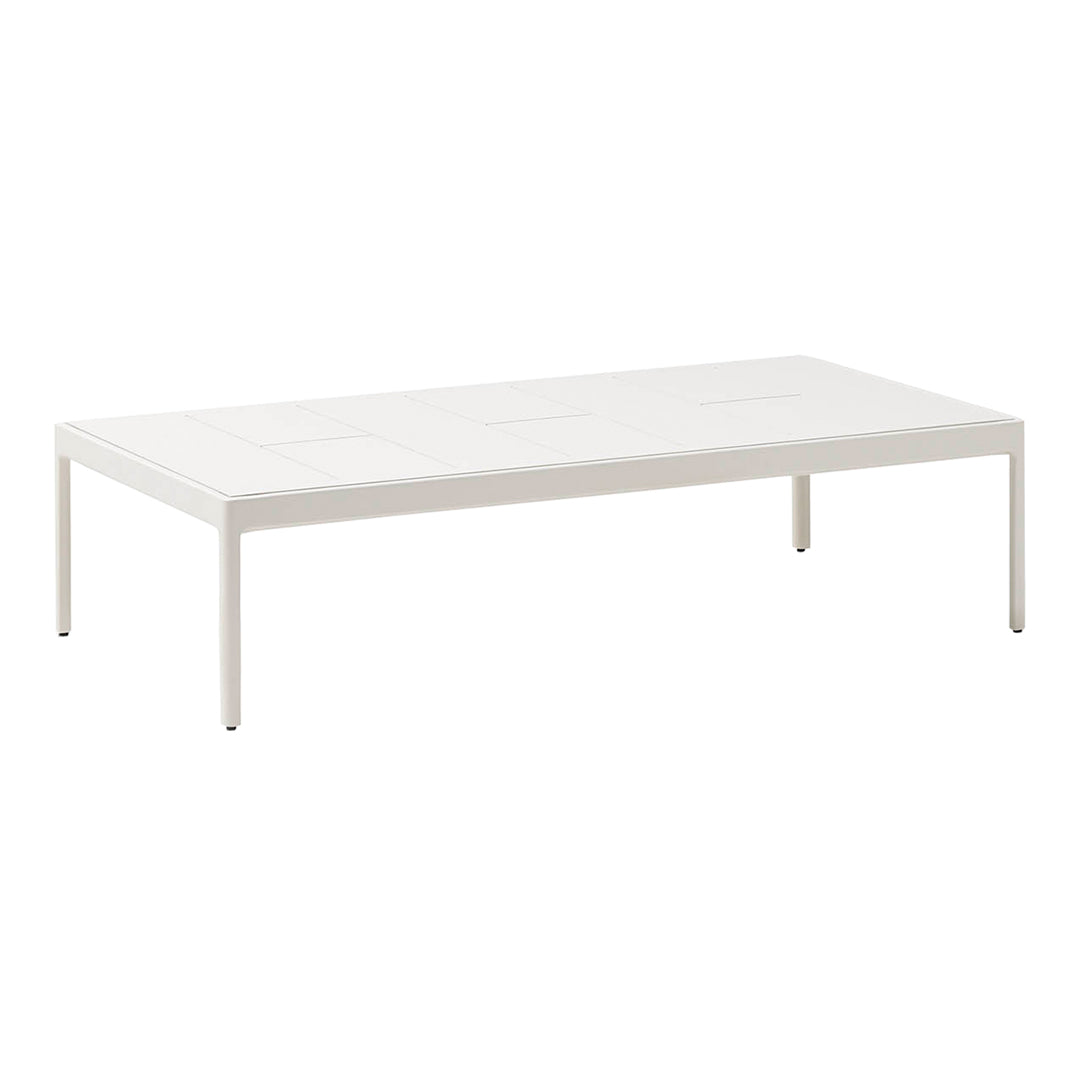 White rectangular coffee table with a smooth surface and sleek minimalist design, featuring a solid color without patterns.