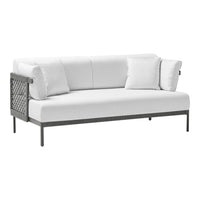 White outdoor sofa with textured black metal frame and plush white cushions, perfect for modern patio decor.