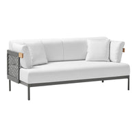 White sofa with plush cushions and a sleek gray frame, featuring a modern lattice pattern on the side.