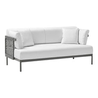 White modern sofa with solid cushions and a textured black metal frame, featuring a sleek and minimalist design.