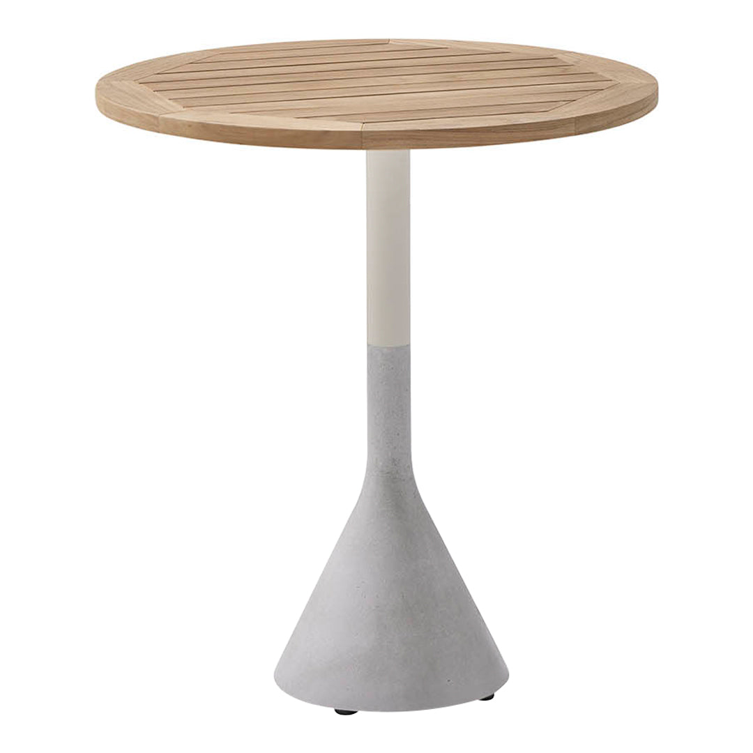 Round wooden table with slatted top and a stylish gray concrete base. Modern, minimalist design in natural tones.