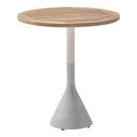 Round wooden table with slatted top and a stylish gray concrete base. Modern, minimalist design in natural tones.