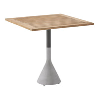 Square wooden slat tabletop with a sleek gray concrete base, creating a modern, minimalist design.
