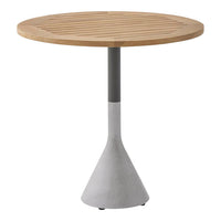 Round table with a natural wood slatted top and a sleek gray concrete base. Ideal for modern outdoor settings.