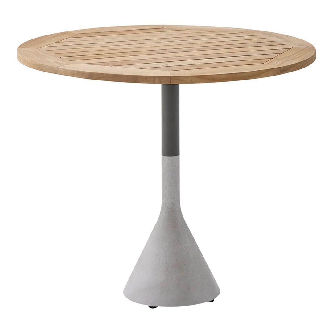 Round table with a natural wood top and a sleek gray concrete base, featuring a simple striped pattern.