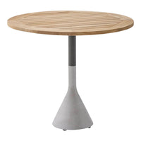 Round table with a natural wood top and a sleek gray concrete base, featuring a simple striped pattern.
