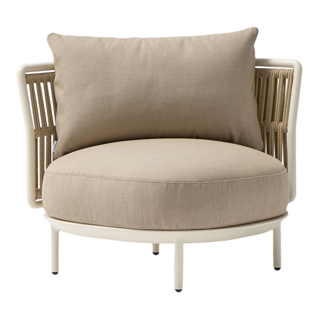 Beige circular chair with a soft, textured cushion and woven rattan backrest, featuring a minimalist design.