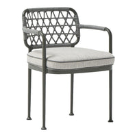 "Modern black patio chair with a geometric woven back and light gray fabric cushion."