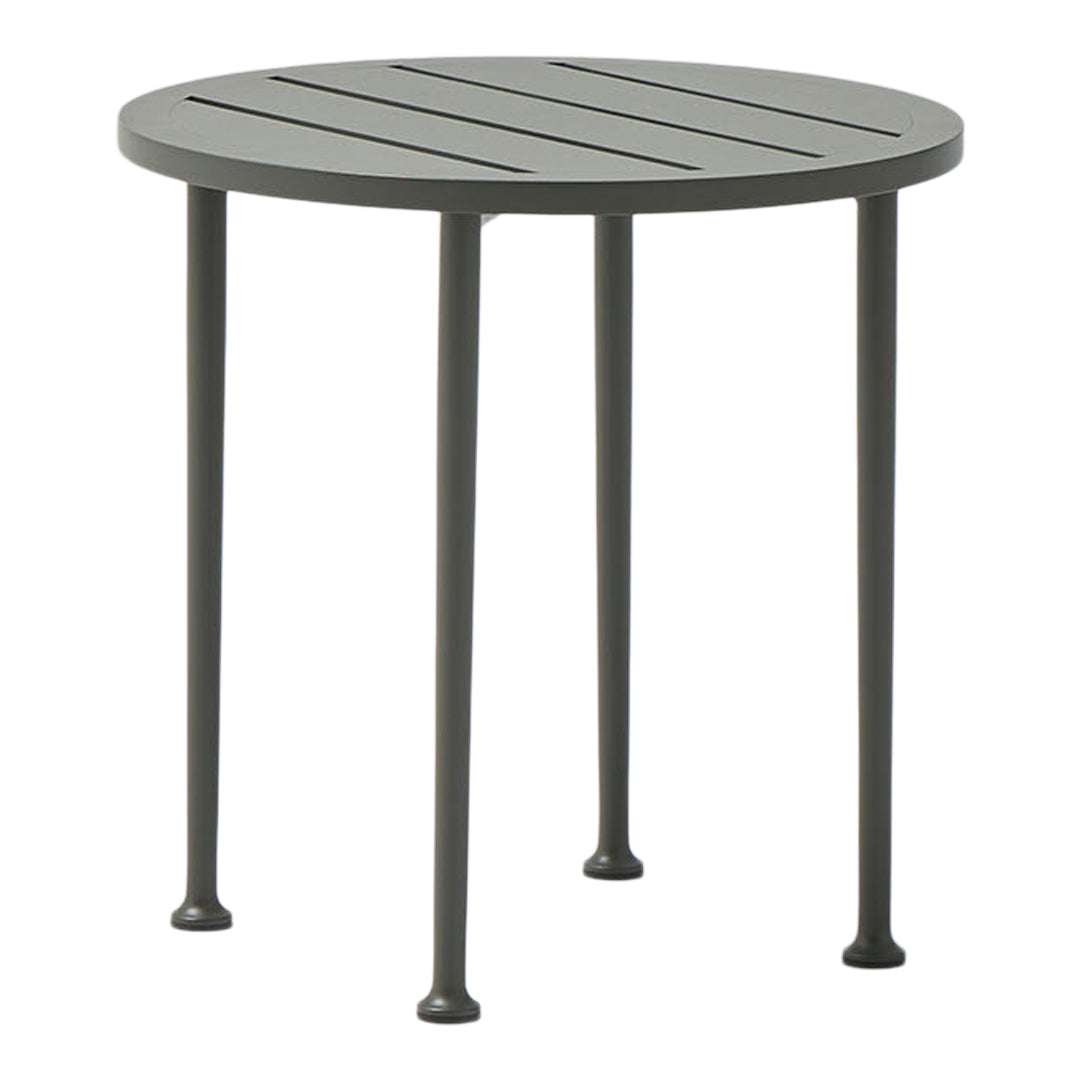 Round outdoor side table in dark gray with slatted top design and sleek black legs. Ideal for modern decor.