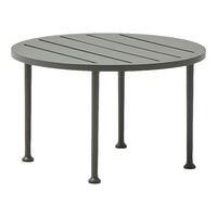Round gray metal table with slatted top and four slender legs, perfect for outdoor dining or relaxation.