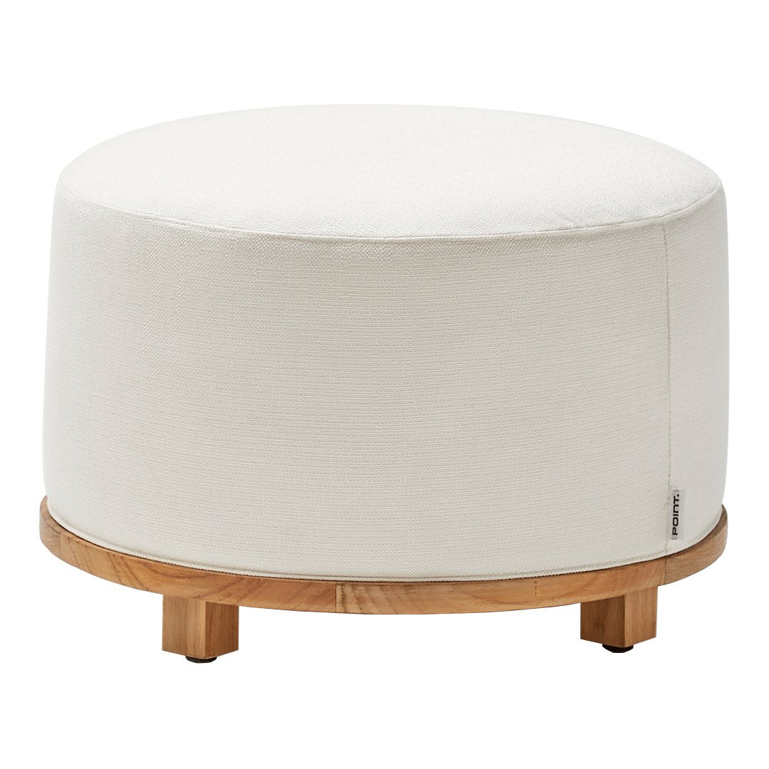 Round white upholstered ottoman with a natural wooden base. Simple and modern design, ideal for any decor.
