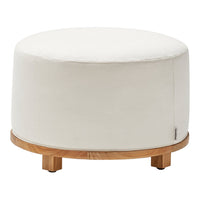 Round white upholstered ottoman with a natural wooden base. Simple and modern design, ideal for any decor.