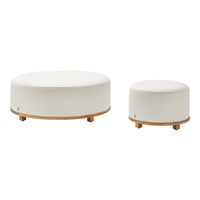 White upholstered ottomans with natural wood bases, featuring a smooth, minimalist design. Perfect for modern decor.