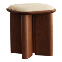 Wooden stool with a rich brown finish and a cream textured cushion on top. Simple, modern design.