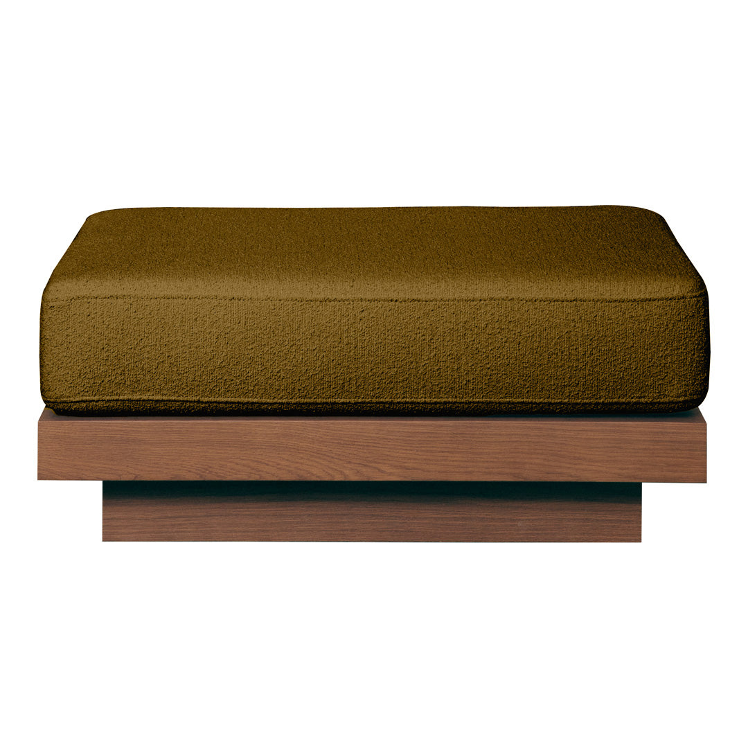 Olive green cushion on a sleek wooden base, featuring a minimalist design for modern decor.