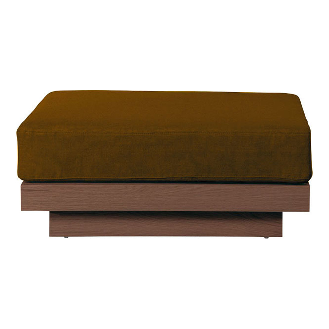 Brown upholstered ottoman with a smooth, solid color cushion on a sleek wooden base. Modern and minimalistic design.