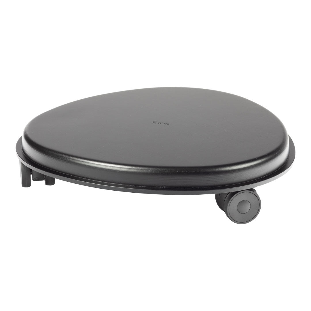 Black rolling utility cart with a sleek, round design and smooth surface, perfect for versatile use.